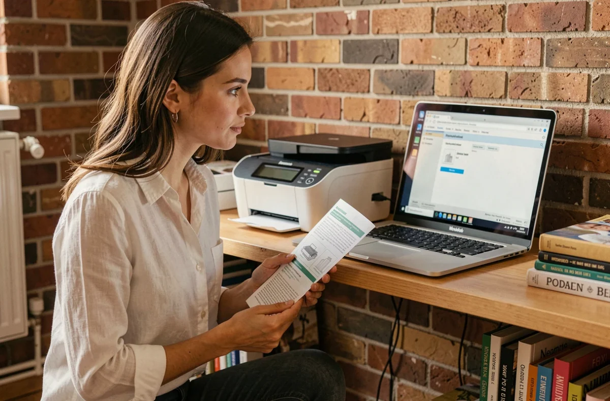 Jeune femme consultant le manuel d'installation d'un scanner connecté à un ordinateur portable dans un appartement