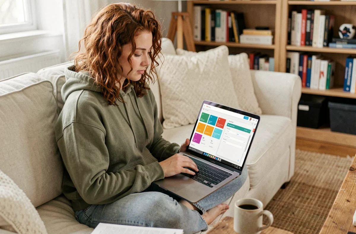 Jeune femme développant une application sans programmation depuis chez elle sur un ordinateur portable