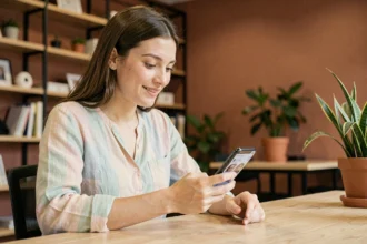 Jeune femme consultant les réseaux sociaux sur son smartphone dans un espace de coworking moderne