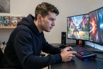 Joueur concentré tenant une manette de jeu vidéo devant un setup gaming moderne, illustrant le thème du meilleur jeu au monde