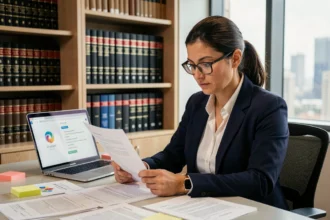 Une juriste examine un contrat de droits d'auteur devant une interface ChatGPT sur un écran d'ordinateur portable dans un bureau juridique moderne