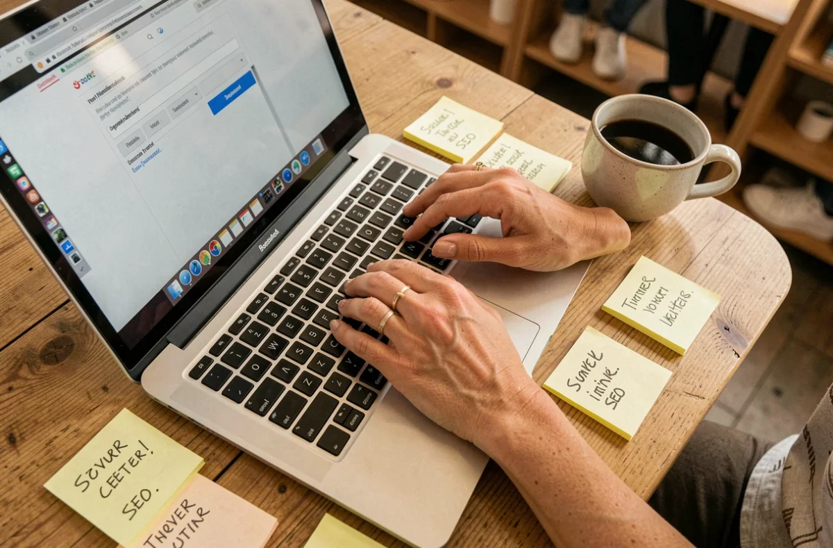 Des mains féminines tapent des mots-clés dans un outil SEO sur un ordinateur portable entouré de notes autocollantes dans un café.