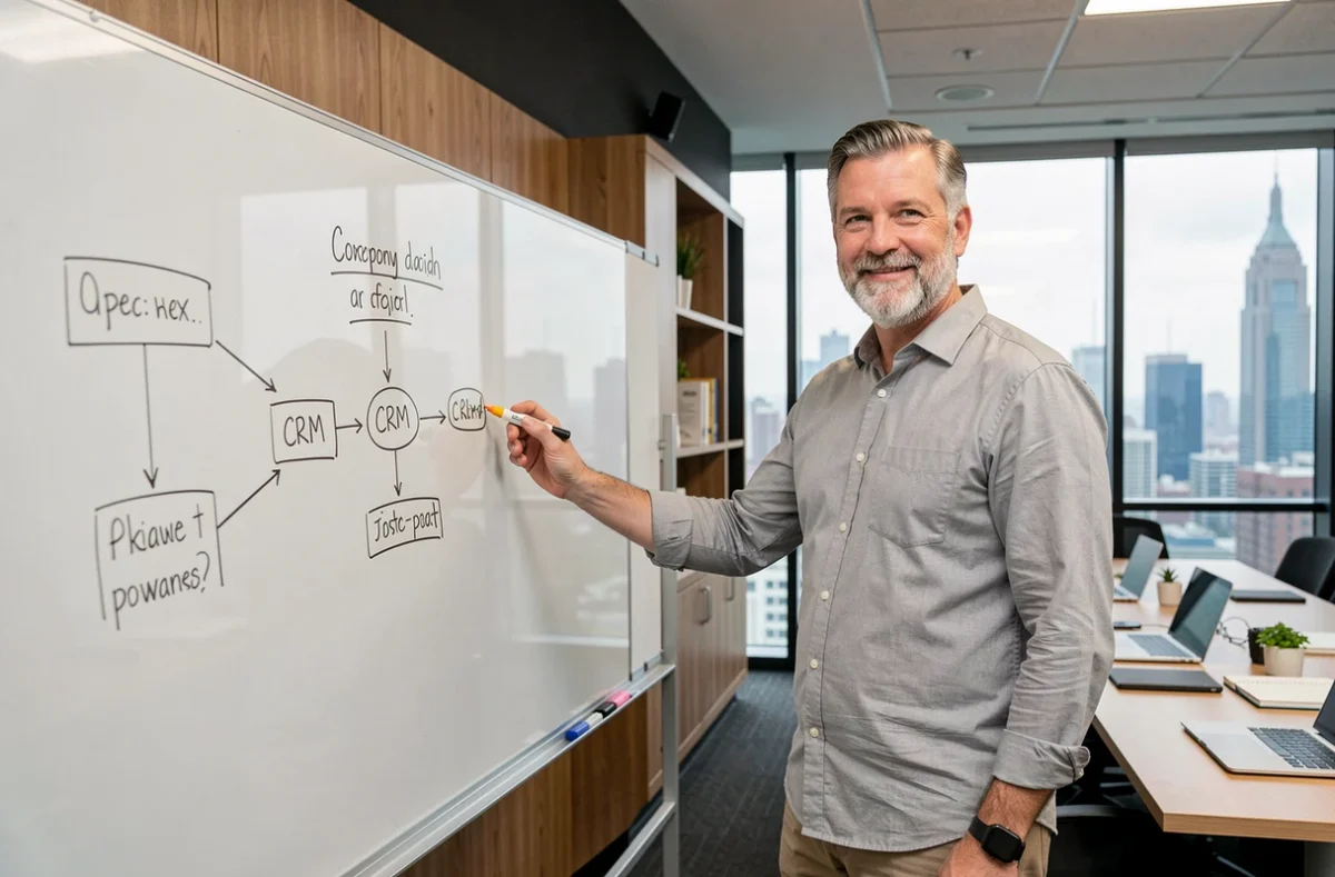 Manager présentant les modèles de CRM sur un tableau blanc lors d'une réunion d'équipe en salle de conférence