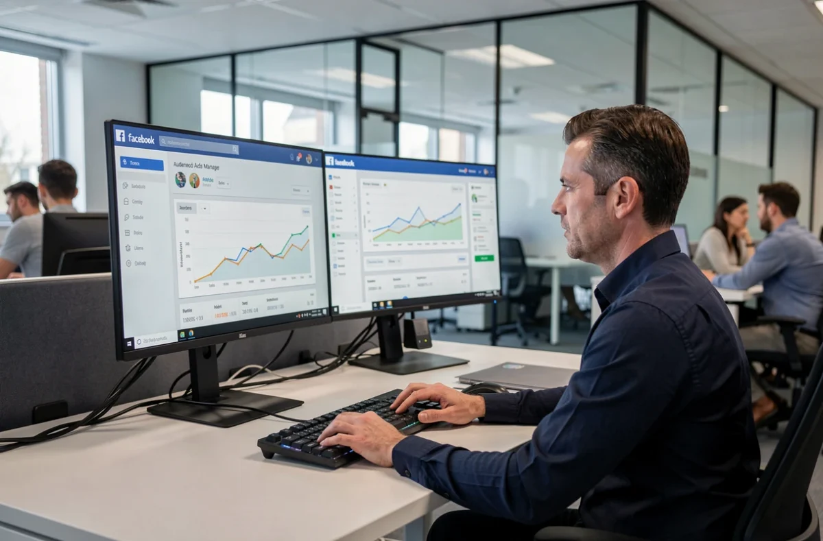 Professionnel du marketing digital analysant les paramètres de ciblage publicitaire sur Facebook Ads Manager