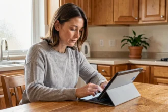 Mère configurant le contrôle parental sur une tablette dans une cuisine familiale chaleureuse