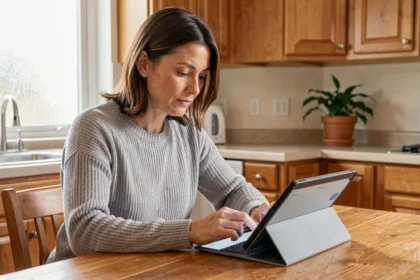 Mère configurant le contrôle parental sur une tablette dans une cuisine familiale chaleureuse