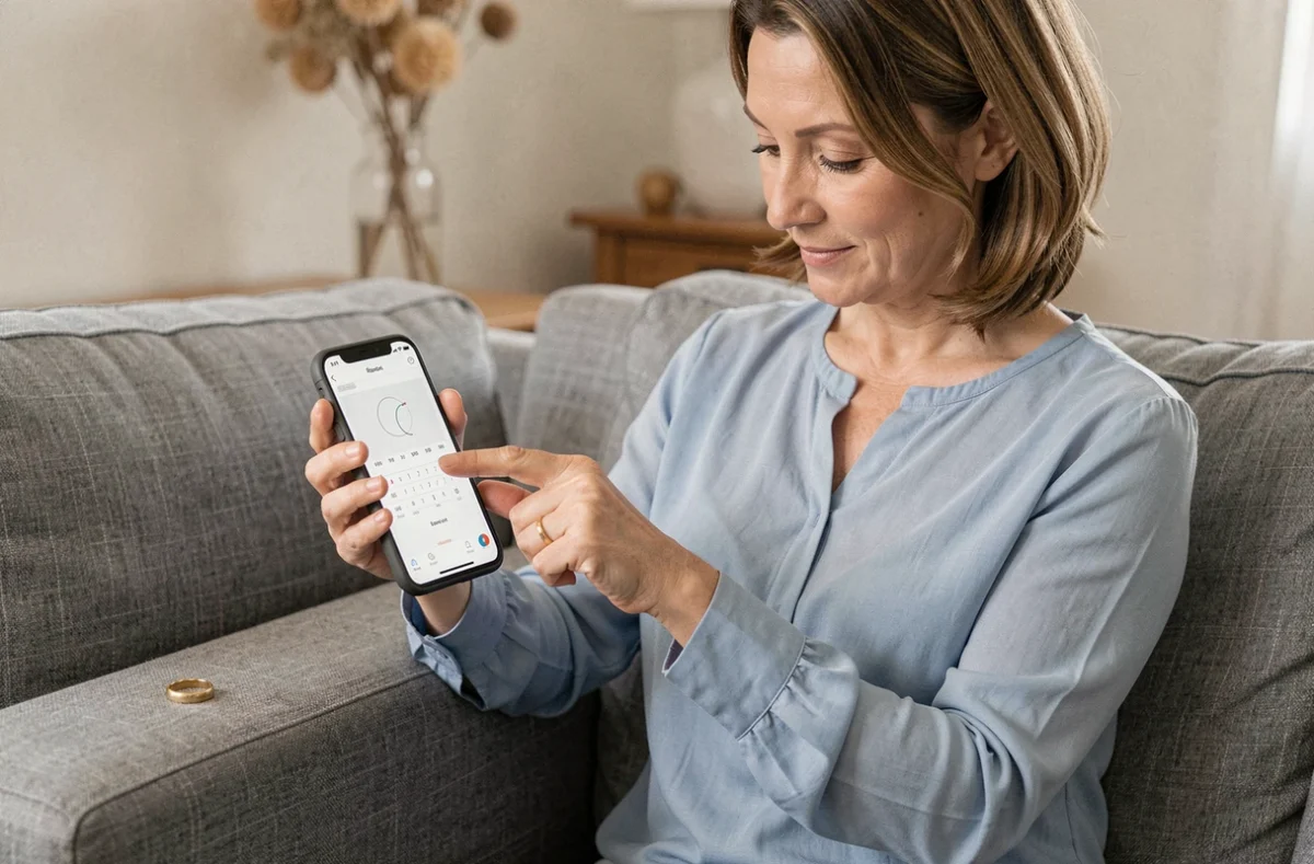 Femme assise sur un canapé mesurant son annulaire avec son téléphone et une bague posée à côté