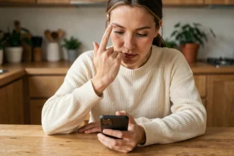Femme mesurant son annulaire avec son smartphone posé sur la table dans une cuisine moderne