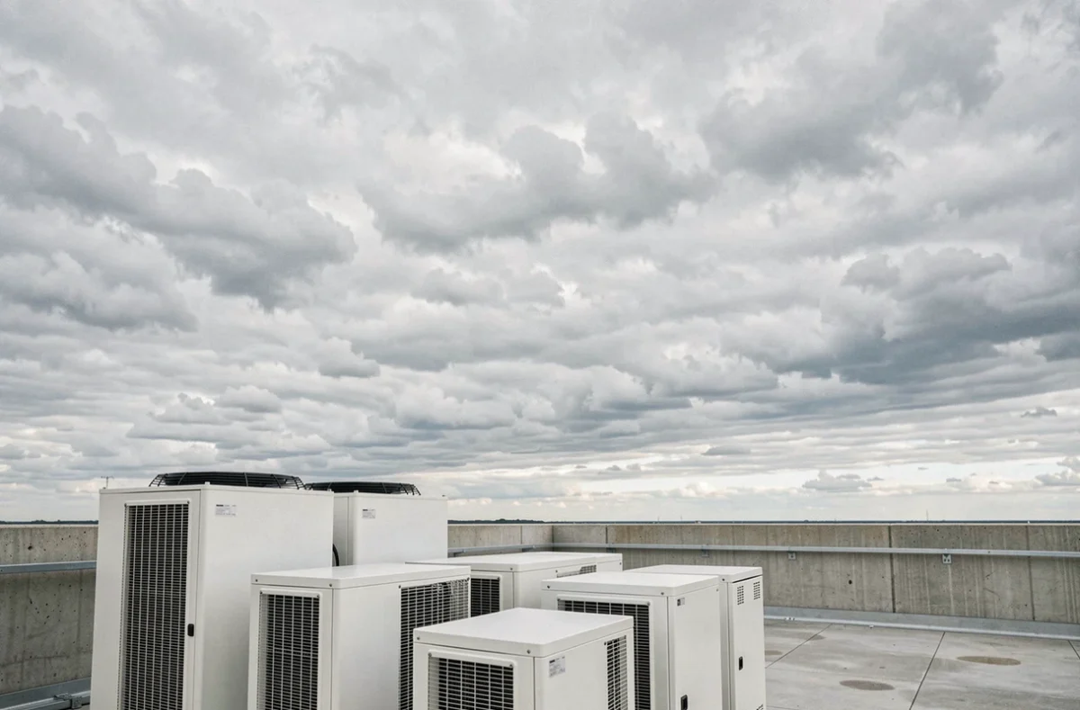 Ciel nuageux au-dessus d'une infrastructure de centre de données sur un toit, illustrant la métaphore visuelle du cloud informatique
