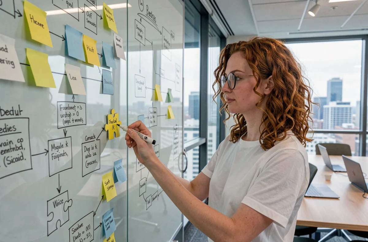 Développeuse organisant des modules logiciels sous forme de post-its sur un mur de verre en startup