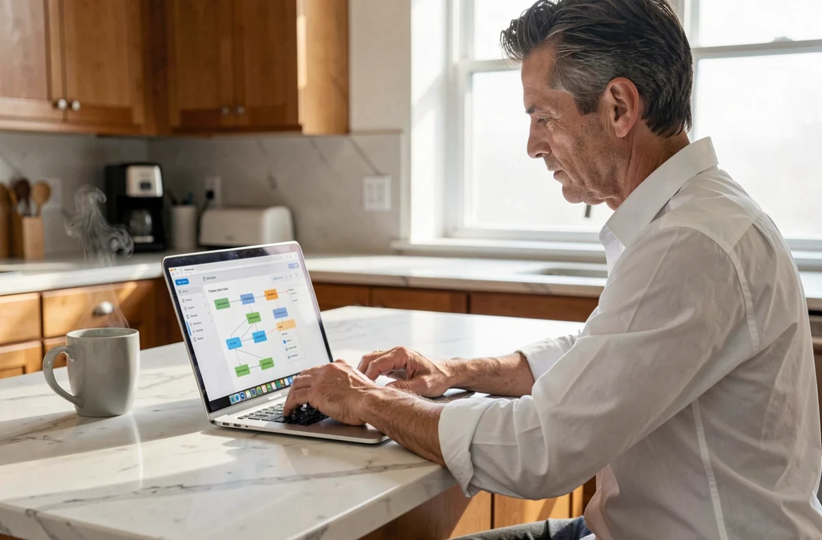 Homme utilisant une plateforme no-code sur laptop dans un espace de travail à domicile