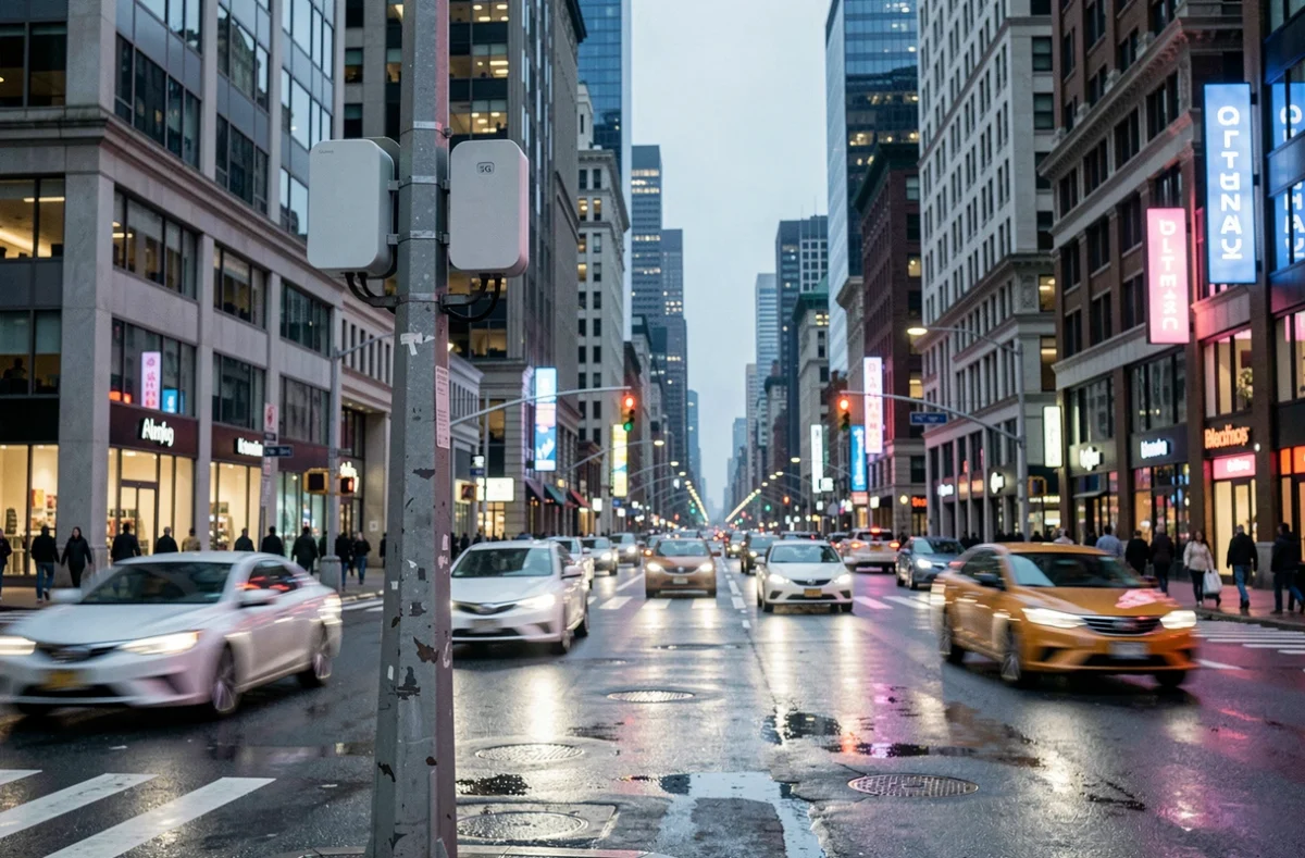Nœud de réseau 5G fixé sur un lampadaire dans une intersection urbaine animée au crépuscule