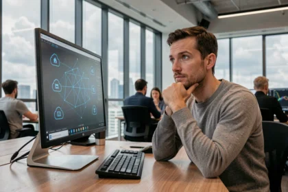 Ingénieur informatique réfléchissant devant un écran affichant des diagrammes de cloud computing avec des nuages visibles par la fenêtre en arrière-plan