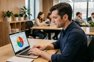 Homme consultant des statistiques de parts de marché des systèmes d'exploitation sur un ordinateur portable au bureau
