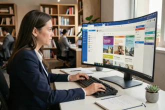 Professionnelle utilisant un outil de marketing par e-mail sur un grand écran dans un bureau moderne