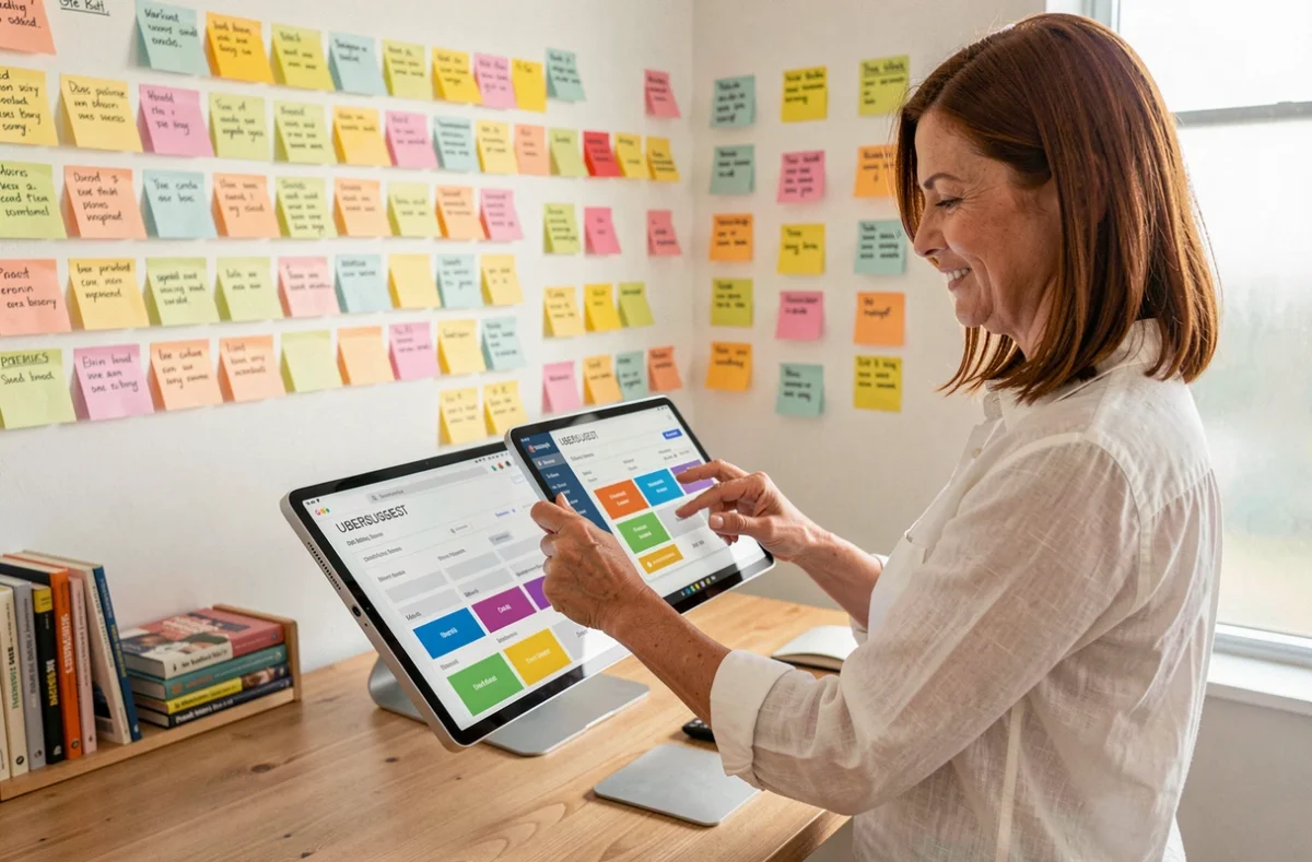 Femme consultant un outil SEO gratuit Ubersuggest sur tablette devant un mur de mots-clés organisés en clusters