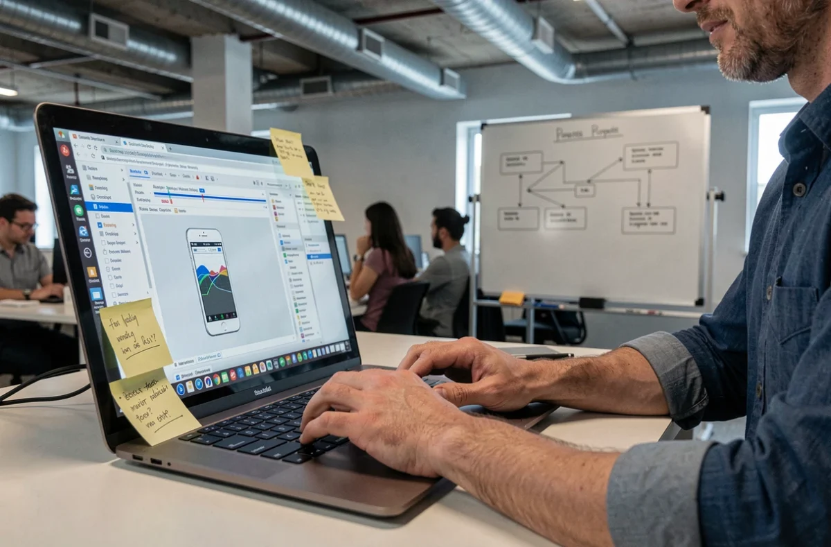 Développeur utilisant les outils de développement du navigateur pour tester les media queries CSS d'un site responsive