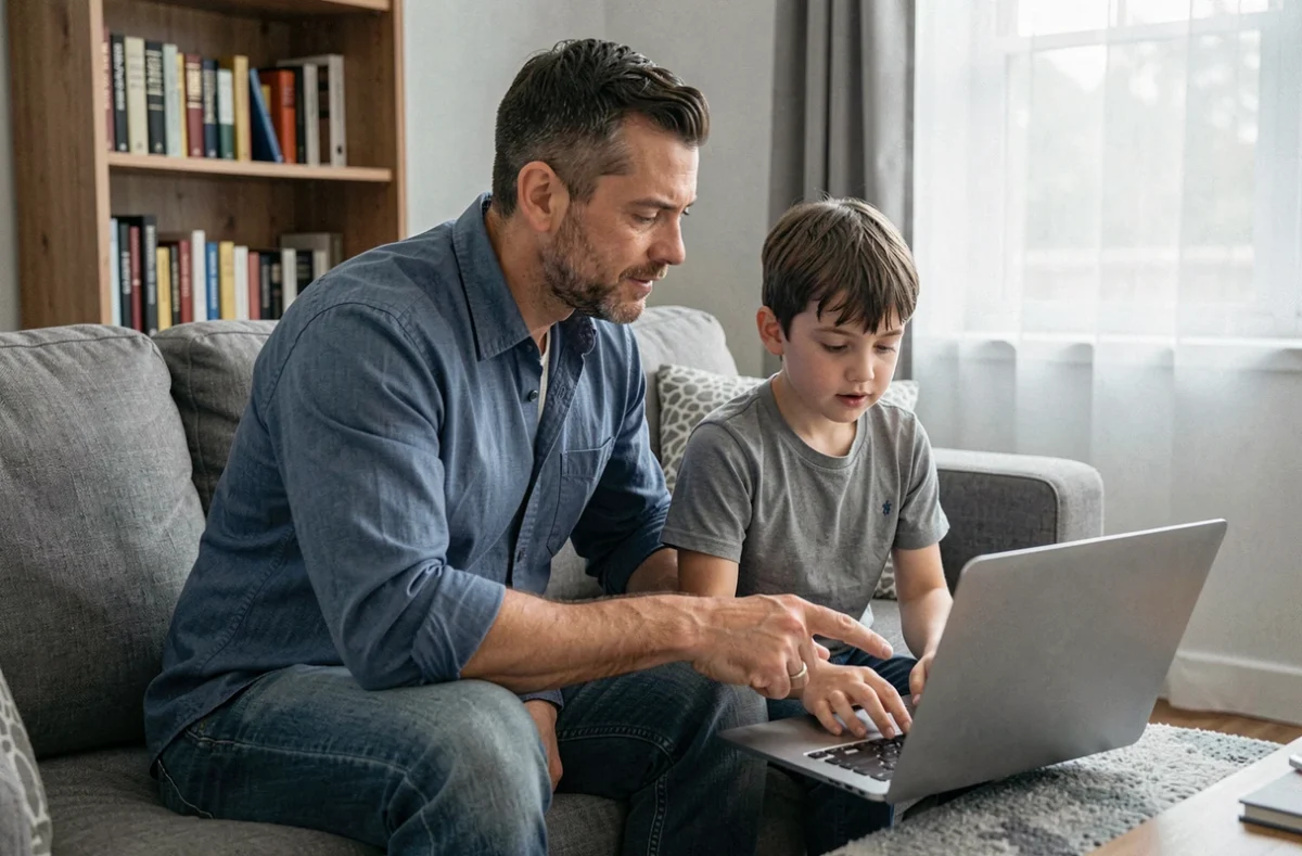 Père expliquant les réglages du contrôle parental à son enfant devant un ordinateur portable