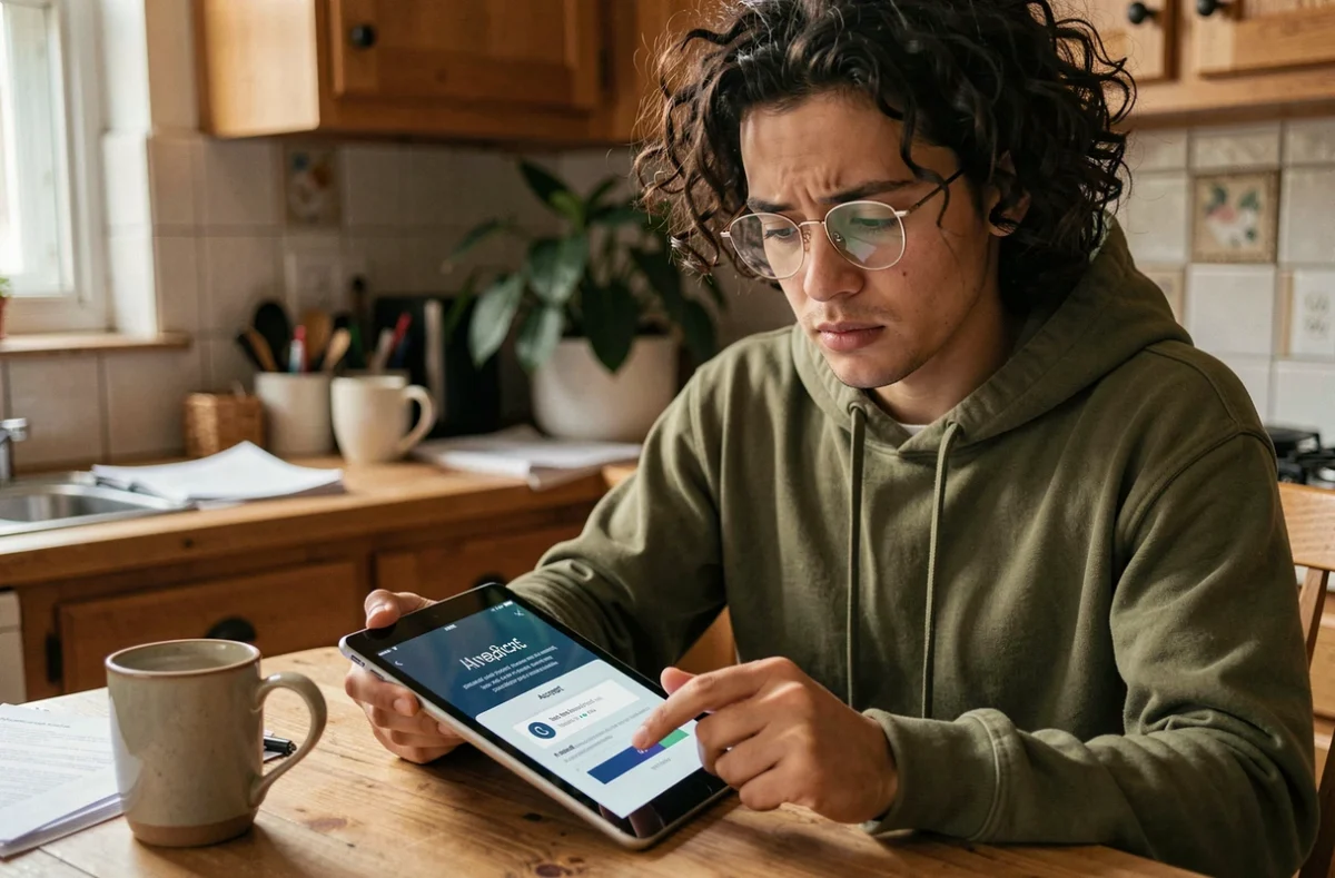 Jeune personne hésitant à accepter les conditions de collecte de données biométriques sur une tablette dans un cadre domestique