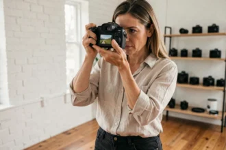 Photographe analysant le ratio 4:3 sur l'écran de son appareil photo en studio