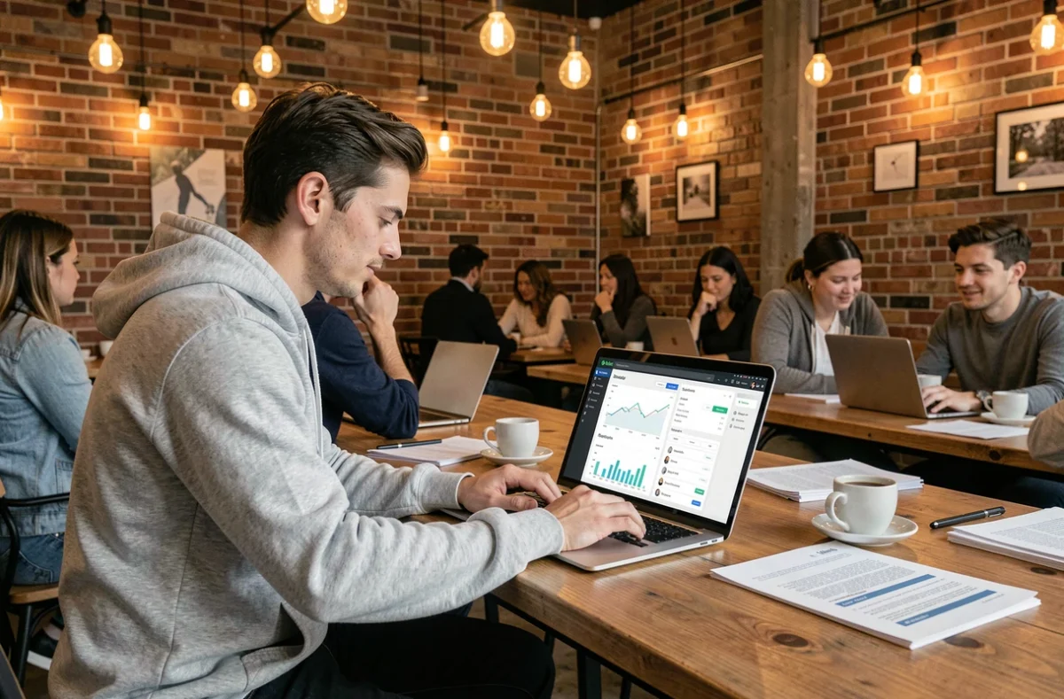 Jeune entrepreneur travaillant sur une plateforme d'emailing depuis un espace de coworking moderne