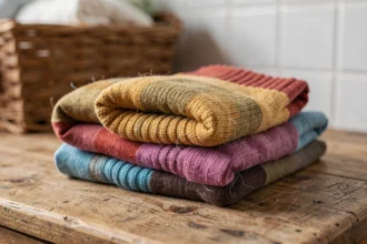 Paire de chaussettes colorées pliées en boule sur une surface en bois rustique, illustrant la technique de pliage en étrier