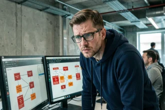 Ingénieur informaticien frustré face aux problèmes de performance d'une base de données relationnelle sur double écran