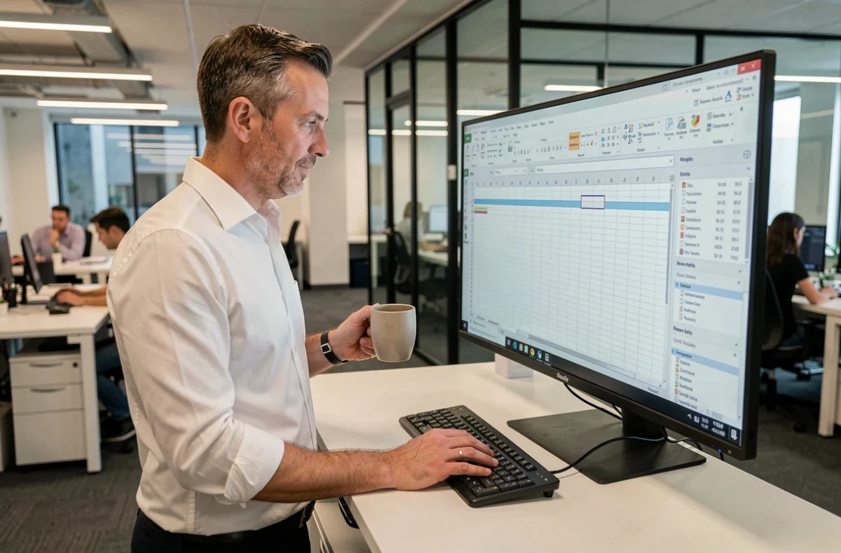 Homme professionnel analysant un tableau de bord Excel sur grand écran dans un bureau en open space
