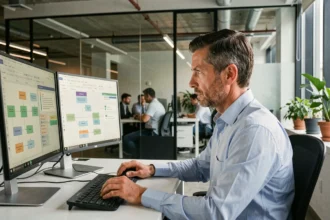 Professionnel informatique analysant des protocoles de flux de courrier électronique sur des écrans double moniteur dans un bureau moderne