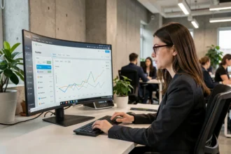 Professionnelle analysant un tableau de bord SEO sur un écran courbe dans un bureau moderne, illustrant l'optimisation du référencement en marketing numérique