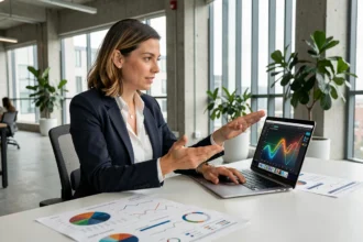 Une professionnelle du marketing analysant des données générées par intelligence artificielle sur un ordinateur portable dans un bureau moderne