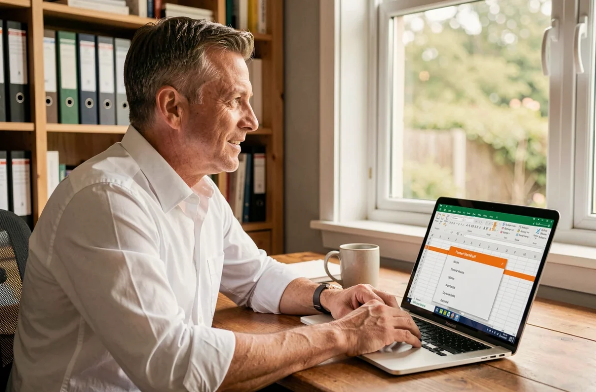 Homme en chemise blanche configurant la protection d'un classeur Excel sur un ordinateur portable dans un bureau à domicile