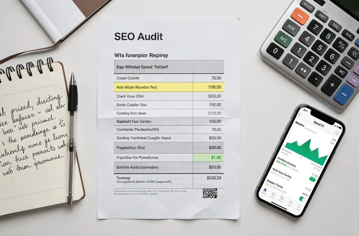 Vue aérienne d'un rapport d'audit SEO avec calcul des coûts d'optimisation de site web