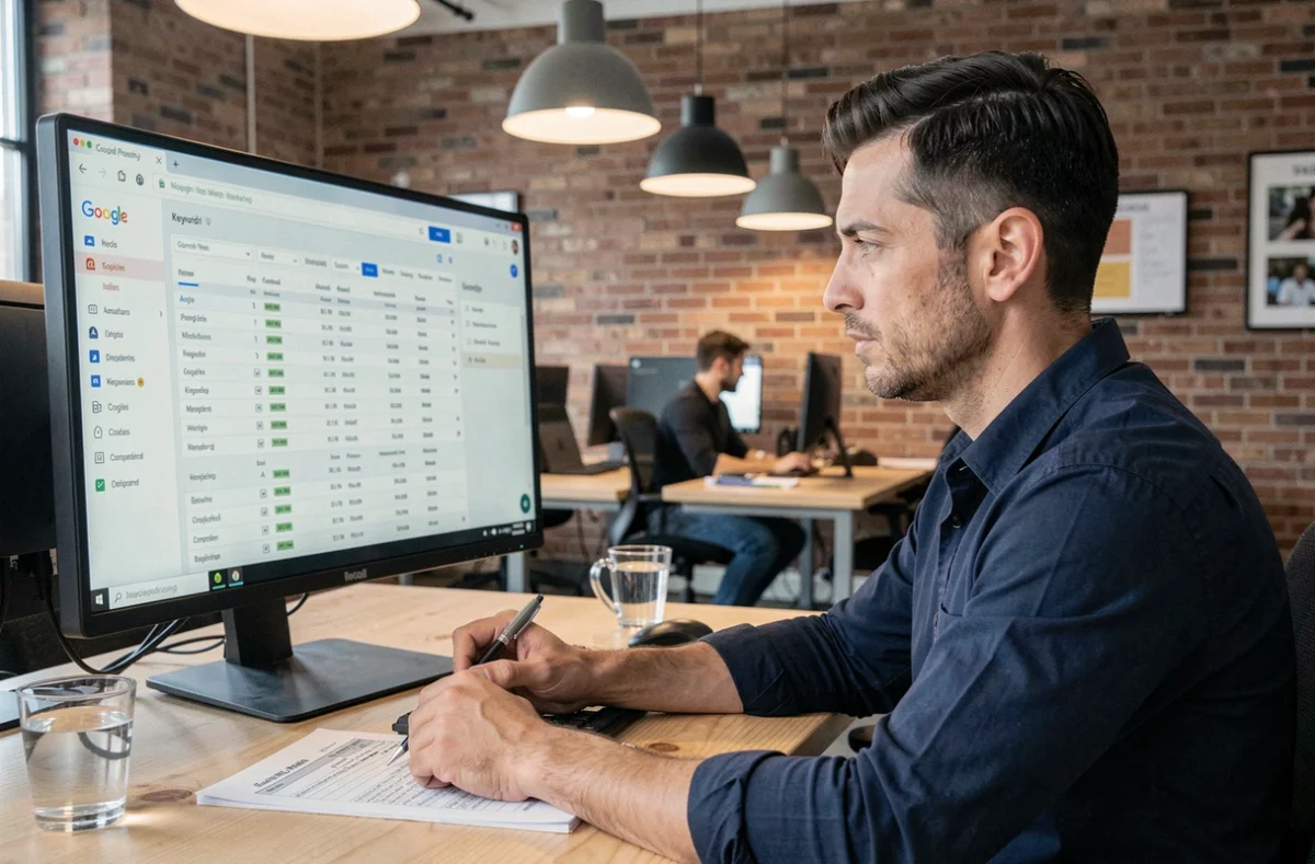 Homme utilisant Google Keyword Planner pour rechercher des mots-clés SEO gratuits dans un espace de coworking