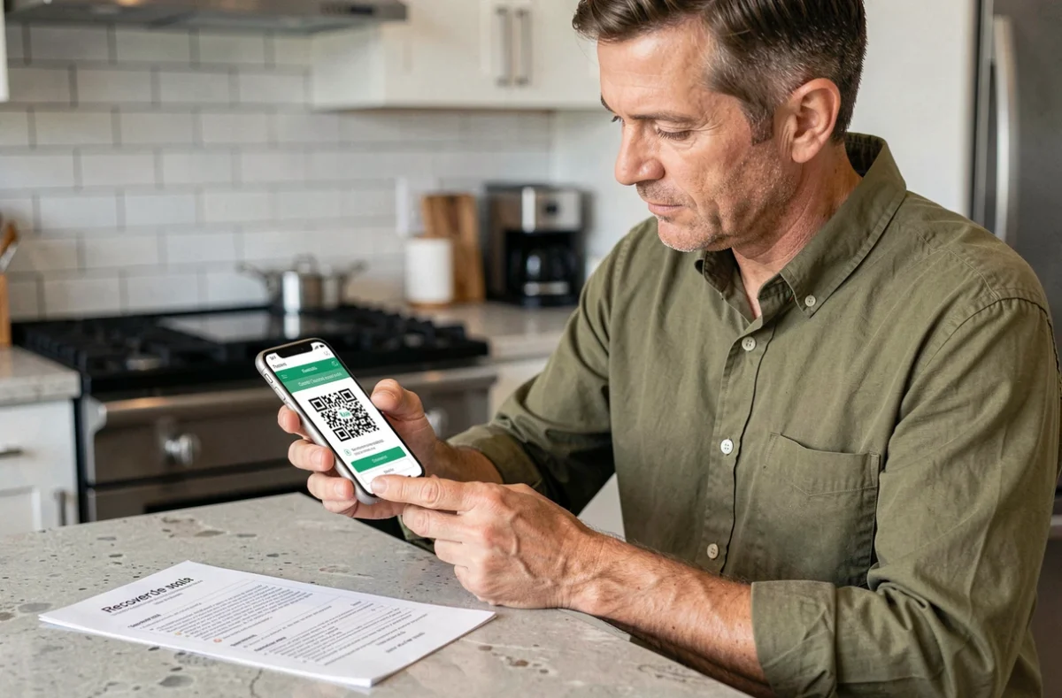 Un homme utilisant une application d'authentification pour reconfigurer son 2FA avec un QR code dans une cuisine moderne
