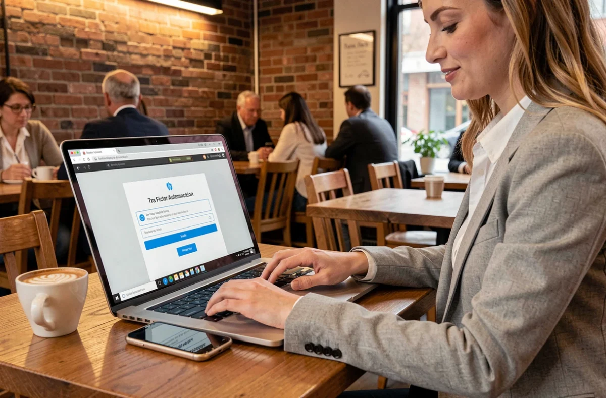 Une femme en train de récupérer l'accès à son compte avec la double authentification depuis un café avec son laptop et son téléphone