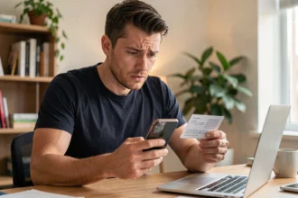 Un homme consultant ses codes de récupération 2FA sur son smartphone avec une expression concentrée dans un bureau à domicile