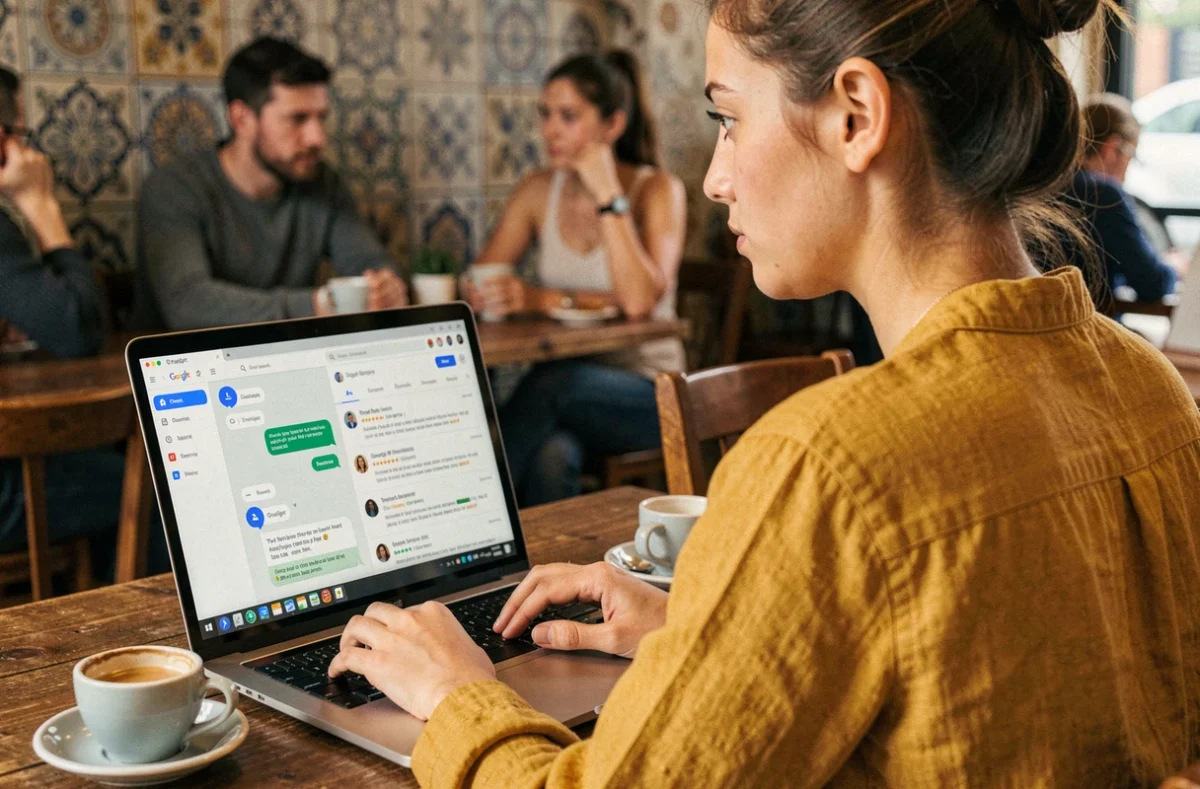 Rédactrice freelance dans un café comparant un outil IA et les résultats Google, illustrant l'inquiétude autour de la pénalisation du contenu généré par l'IA en 2026