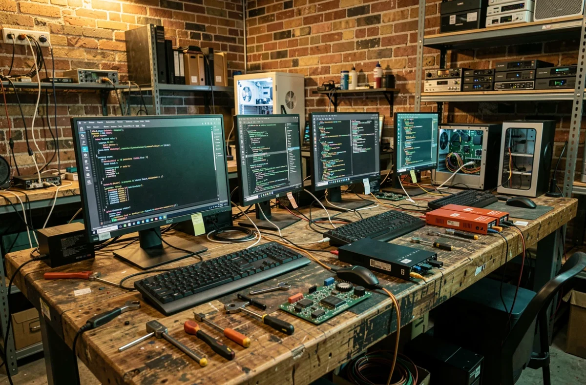 Réseau d'ordinateurs distribués dans un atelier technologique illustrant le stockage décentralisé de la blockchain