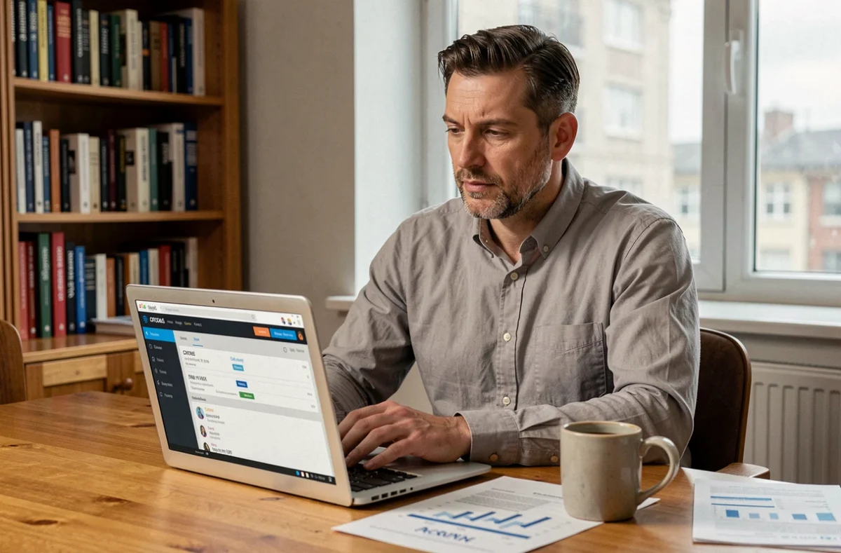 Responsable commercial consultant un CRM sur laptop depuis son bureau à domicile pour optimiser la relation client