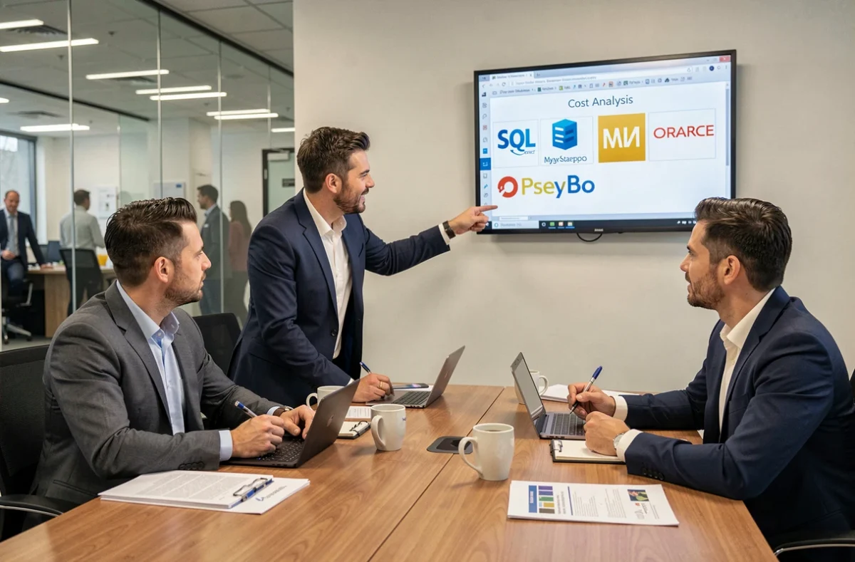 Équipe IT en réunion discutant des coûts et options de licences SQL autour d'un tableau de comparaison affiché sur écran