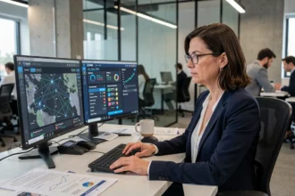 Responsable de la sécurité des systèmes d'information analysant des tableaux de bord de cybersécurité dans un bureau moderne