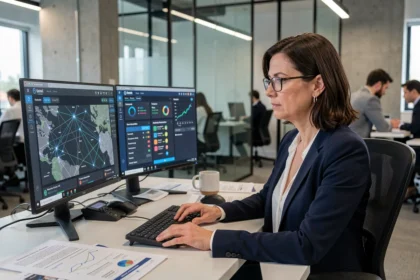 Responsable de la sécurité des systèmes d'information analysant des tableaux de bord de cybersécurité dans un bureau moderne