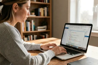 Femme utilisant Framapad sur un ordinateur portable dans un bureau à domicile pour sauvegarder un document collaboratif