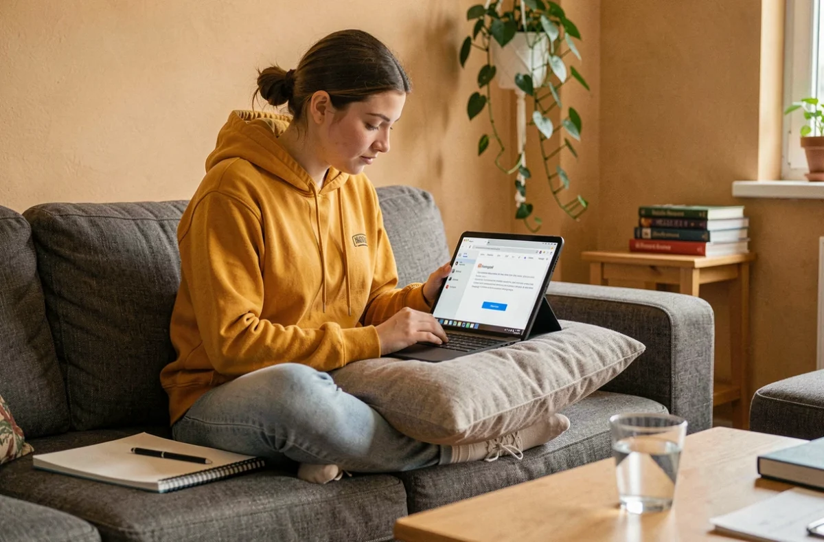 Étudiante sauvegardant un document Framapad sur une tablette depuis son salon, lors d'une session de travail collaboratif