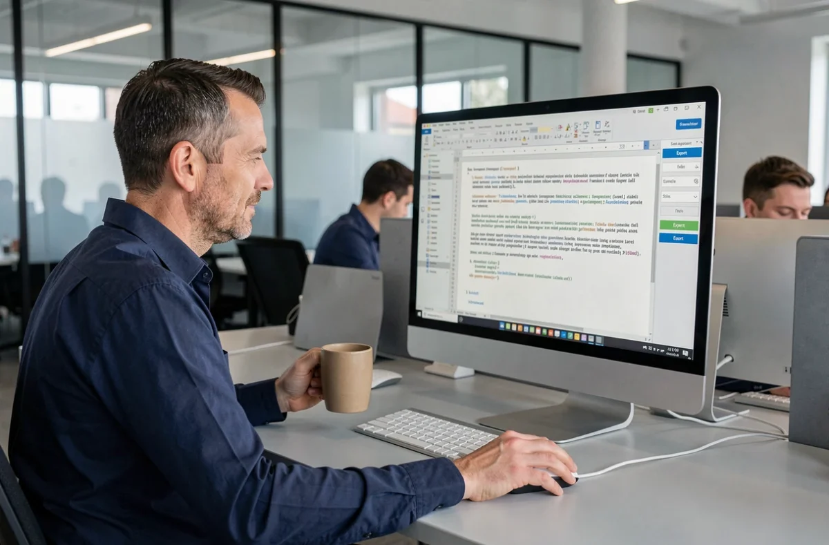 Homme en bureau open-space sauvegardant un pad collaboratif sur Framapad depuis un ordinateur de bureau