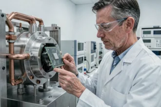Scientifique examinant un processeur quantique dans un laboratoire de recherche avancée