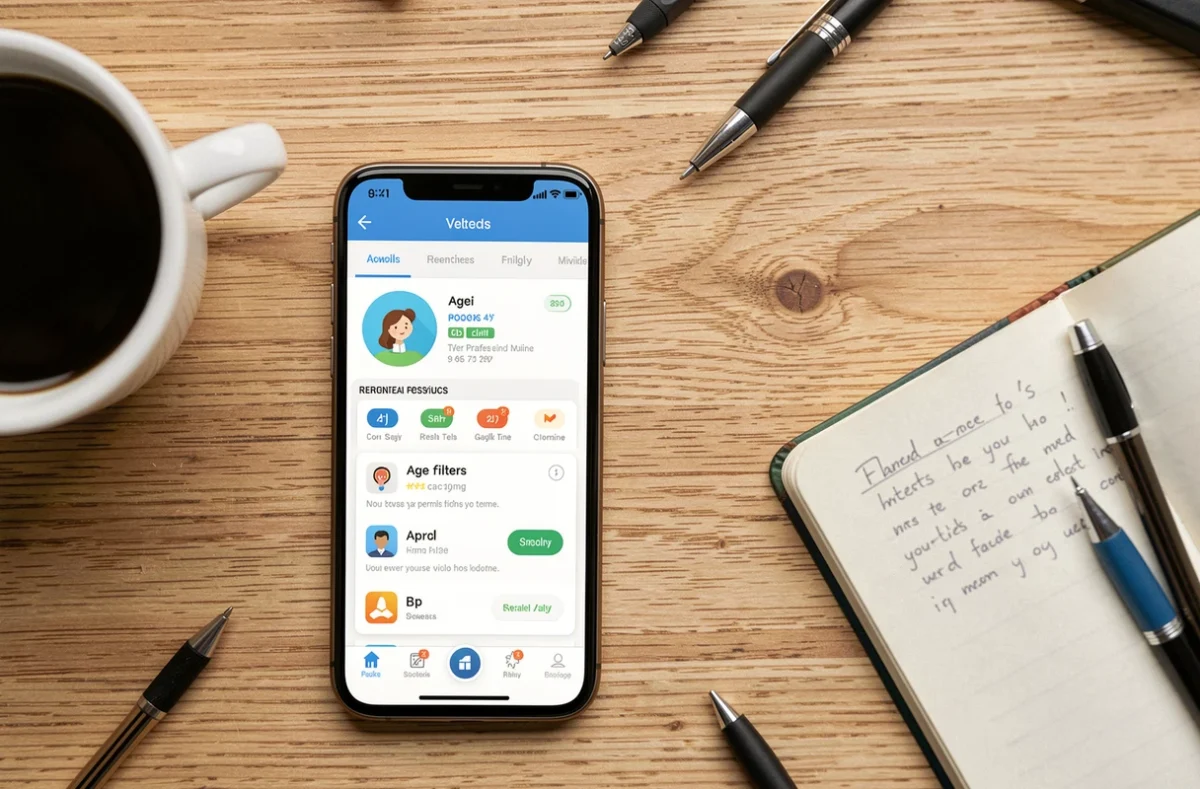 Écran de smartphone affichant une application de contrôle parental posée sur un bureau en bois