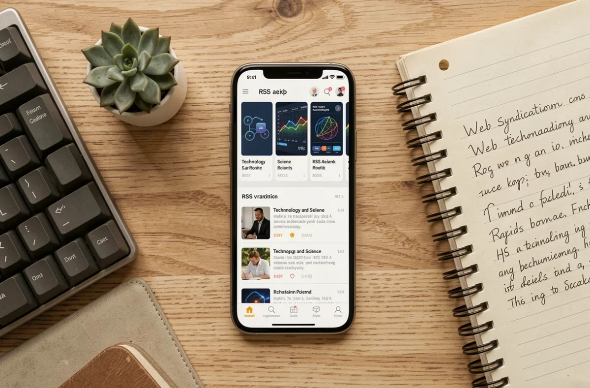 Vue de dessus d'un smartphone affichant une application de flux RSS posé sur un bureau minimaliste en bois