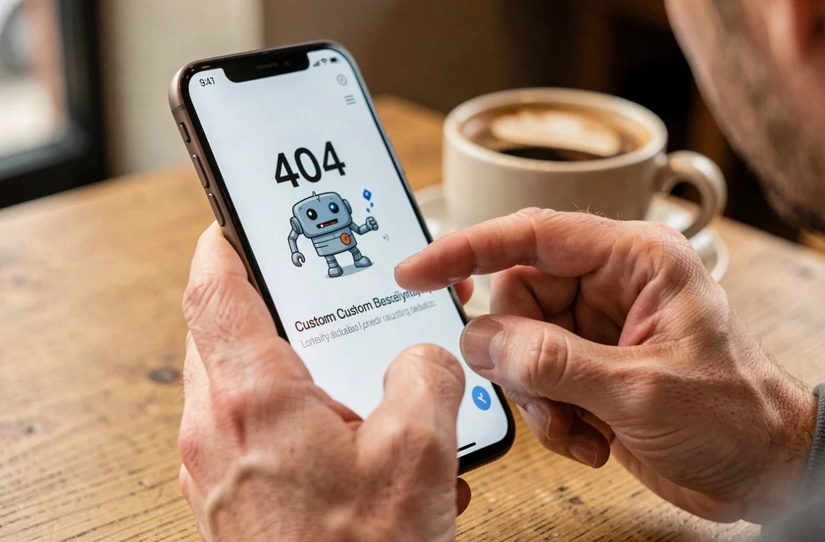 Gros plan d'un smartphone affichant une page 404 personnalisée avec une illustration dans un café